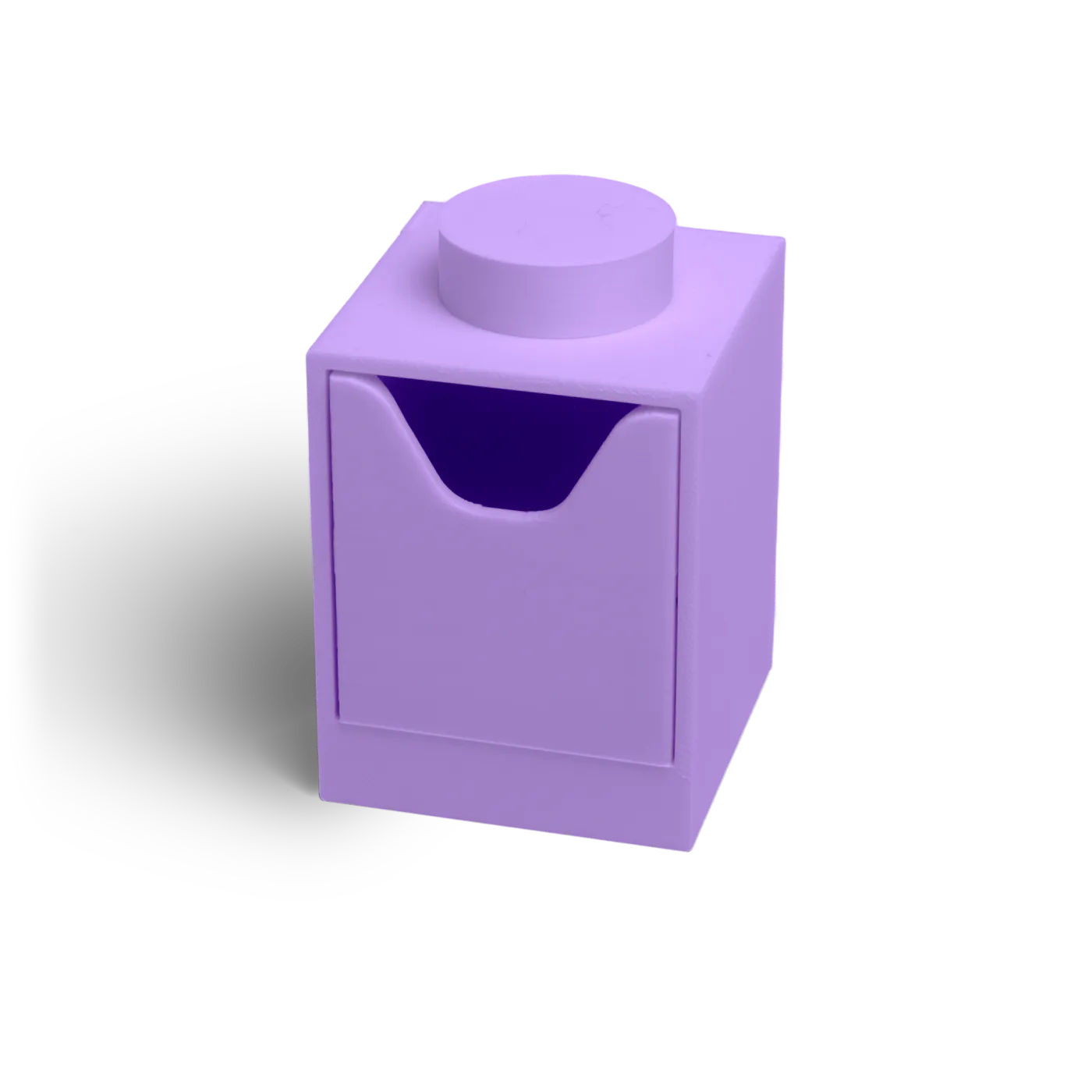 Cubo 1×1 em lavanda, vista de três quartos.